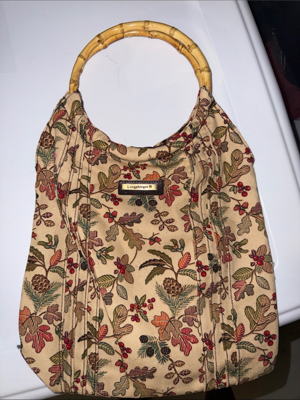 Longaberger Beige Floral Shoulder Bag with Bamboo Handle